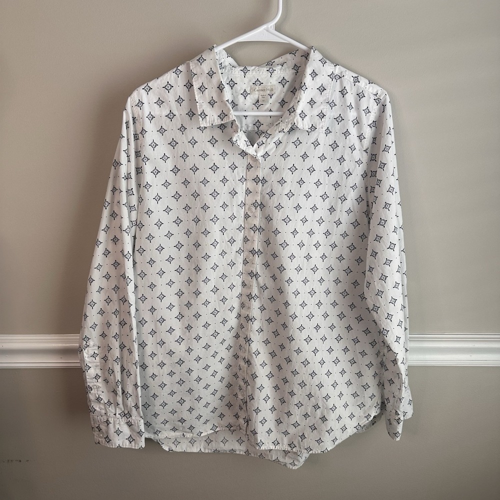 Garnet Hill White Geometric Print Long Sleeve Button Up Shirt Organic Cotton 12
